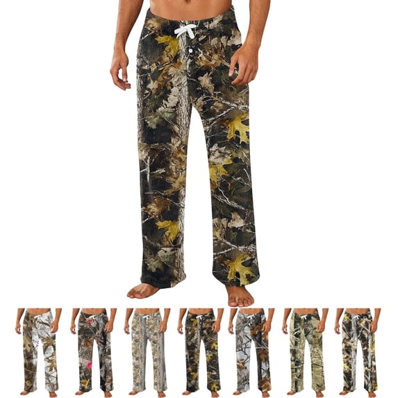 GrmtClth Pajama Pants for Men Outdoor Woodland Camo Printed Straight Leg Pajama Bottoms Elastic Waist Cozy Daily Home Wear Coffee L