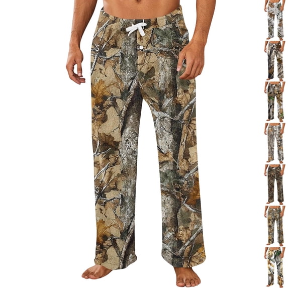 GrmtClth Pajama Pants for Men Warm Relaxed Straight Leg Pajama Bottoms Nature Leaf Camo Print Soft Fabric Cozy Indoor Night Wear Camel S