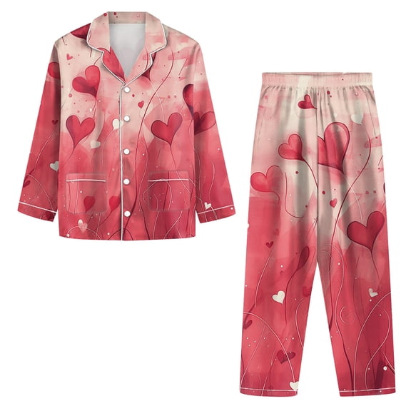 GrmtClth Pajama Sets for Women 2 Piece Lovely Long Sleeve and Pant Loungewear Hearts Print Soft Comfy Button Down Pjs Set Pink XXXL