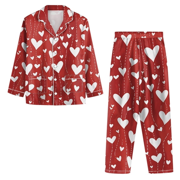GrmtClth Pajama Sets for Women 2 Piece Lovely Long Sleeve and Pant Nightwear Hearts Print Cozy Soft Button Down Sleep Set Vermilion L