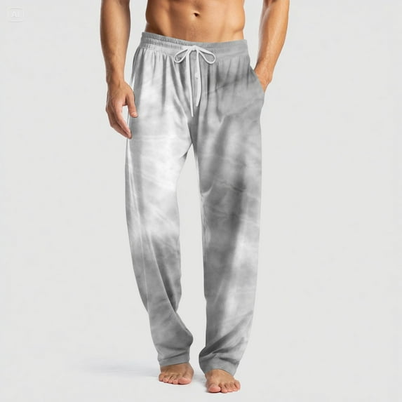 GrmtClth Pajamas for Men Lightweight Tie-Dye Print Bottoms Stylish Drawstring Pajama Pants Comfort&soft Sleepwear with Pockets and Button Fly Light Gray XL