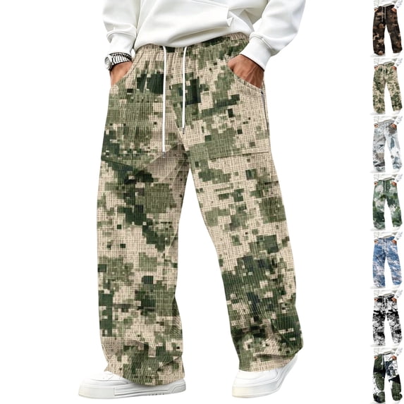 GrmtClth Pants for Men Camouflage Print Wide Leg Loose Casual Sweatpants Adjustable Drawstring Elastic Waist with Patch Pockets S