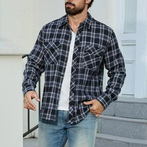 GrmtClth Pearl Snap Shirts for Men Regular Fit Plaid Shirts Vintage Long Sleeve Cowboy Shirts Soft Work Shirts with Two Pockets Black S