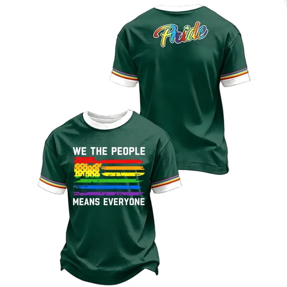 GrmtClth We the People Means Everyone Printing Shirts 2026 Pride Month Rainbow Color Blocking Tops Summer American Flag Tee Trendy Unisex Short Sleeve Clothes Dark Green 3XL
