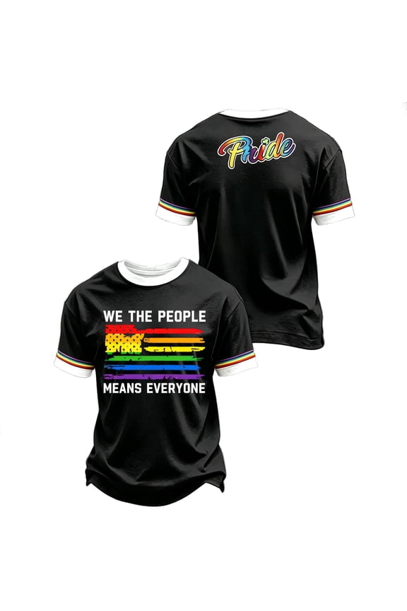 We the People Means Everyone Printing Shirts Pride Month Rainbow Color Blocking Tops Summer American Flag T-Shirt Trendy Unisex Short Sleeve Clothes Black S