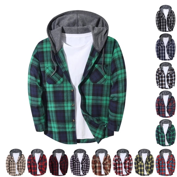 GrmtClth Plaid Flannel Button‑Up Hooded Shirt for Men Long Sleeve Casual Jacket Adjustable Drawstring Hood Pocket Outdoor Weekend Wear