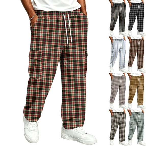 GrmtClth Plaid Pants for Men Elastic Waist Loose Lounge Checkered Sleepwear with Pockets Red 2XL