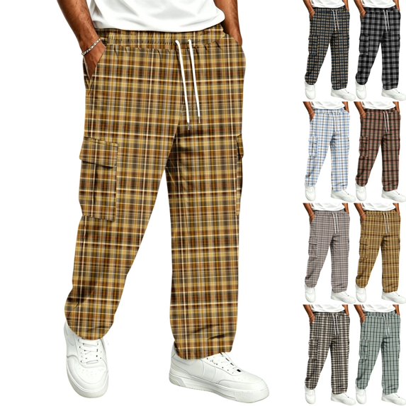 GrmtClth Plaid Pants for Men Elastic Waist Loose Lounge Checkered Sleepwear with Pockets Yellow 2XL