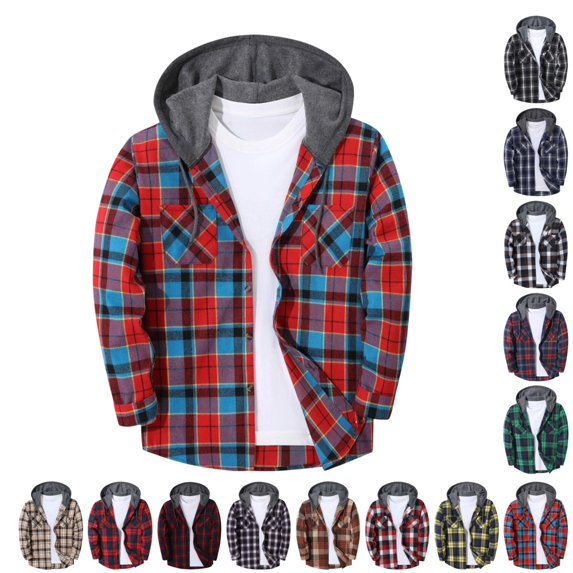 GrmtClth Plaid Tartan Flannel Hoodie Jacket Men Long Sleeve Button‑Down Shirt Grey Contrast Hood Pocket Casual Fall Travel Wear