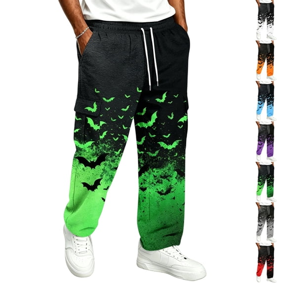 GrmtClth Plus Size Joggers For Men Halloween Theme Printed Sweatpants Relaxed Fit Drawstring Waist Side Pockets Suitable For Indoor Rest And Holiday Activities Green 5XL