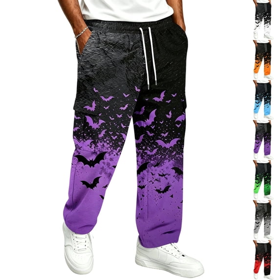 GrmtClth Plus Size Sweatpants For Men Halloween Pumpkin Bat All Over Print Cuffed Joggers Adjustable Drawstring Waist Side Pockets Holiday Casual Athletic Trousers Purple L