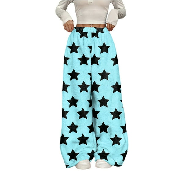 GrmtClth Plush Wide Leg Pants Woman Cozy Loose Fit Trousers with Star Print Fashion Fleece Thermal Elastic Waist Bottoms Cyan L