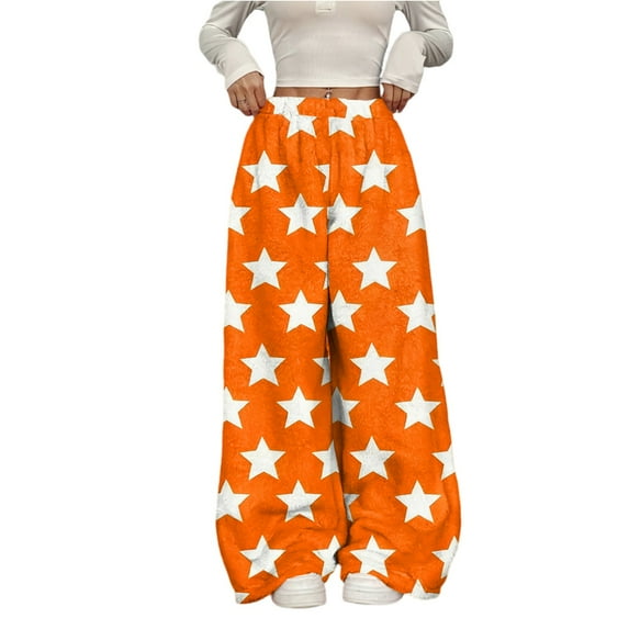 GrmtClth Plush Wide Leg Pants for Women Cozy Lightweight Comfy Trousers with Star Print Casual Fleece Warm Elastic Waist Bottoms Saffron M