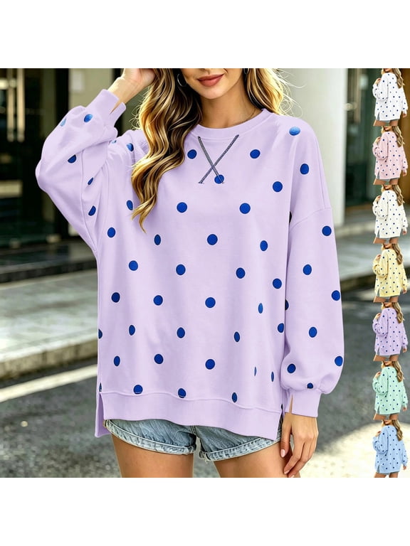 Polka Dot Sweatshirt for Women Crewneck Long Sleeve Casual Pullover Sweater Y2K Sweatshirts Drop Shoulder Tops Fall Winter Cute Graphic Shirts L