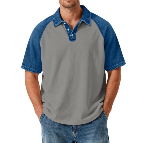 GrmtClth Polo Shirts for Men Casual Patchwork Denim Shirt Contrast Colors Collared Raglan Shirt Short Sleeve Comfy Workout Baseball Tee Light Gray XXL