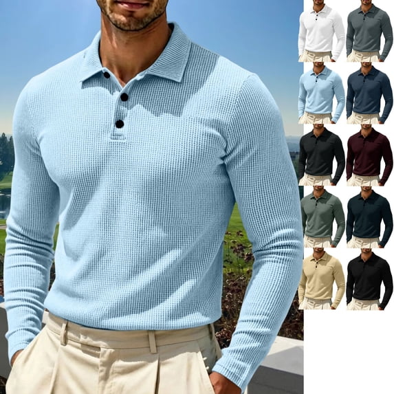 GrmtClth Polo Shirts for Men Long Sleeve Waffle Textured Knit Fabric Three Button Collared Stretchy Breathable Golf Business Casual Daily Tops Light Blue L