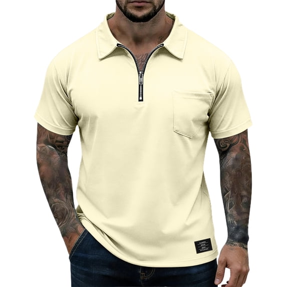 GrmtClth Polo Shirts for Men 2026 Spring Fashion Short Sleeve Golf Shirt Loose Quarter Zip Tee Dressy Collared Outfit with Pocket Beige 2XL