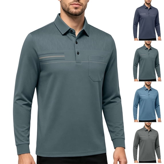GrmtClth Polo Shirts for Men Long Sleeve Lapel Collar Striped Chest Pocket Soft Comfort Spring Autumn Workplace Shirts Green 2XL
