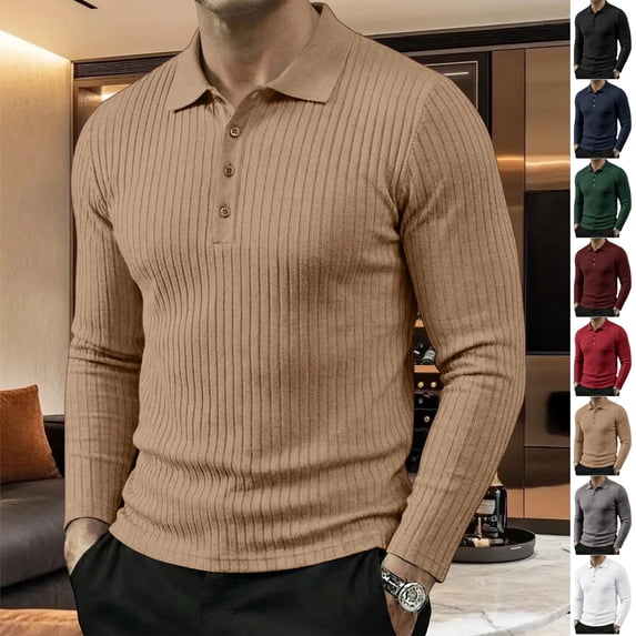 GrmtClth Polo Shirts for Men Long Sleeve Slim Fit Ribbed Knit Collared Three Button Front Versatile Athletic Business Casual Sweater Tops Khaki S