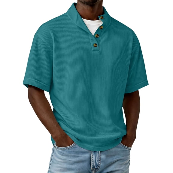 GrmtClth Polo Shirts for Men Ribbed Knitted Casual Short Sleeve T Shirts Button Breathable Shirt Pullover Turquoise L