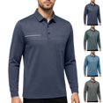 thumbnail image 1 of GrmtClth Polo Shirts for Men Solid Tone Striped Chest Detail Long Sleeve Lapel Collar Relaxed Fit Leisure Work Tops Navy 4XL, 1 of 5