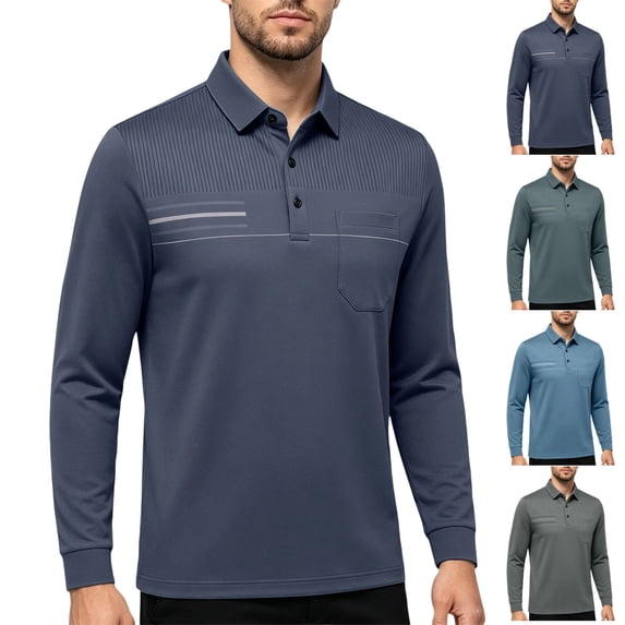 GrmtClth Polo Shirts for Men Solid Tone Striped Chest Detail Long Sleeve Lapel Collar Relaxed Fit Leisure Work Tops Navy 4XL