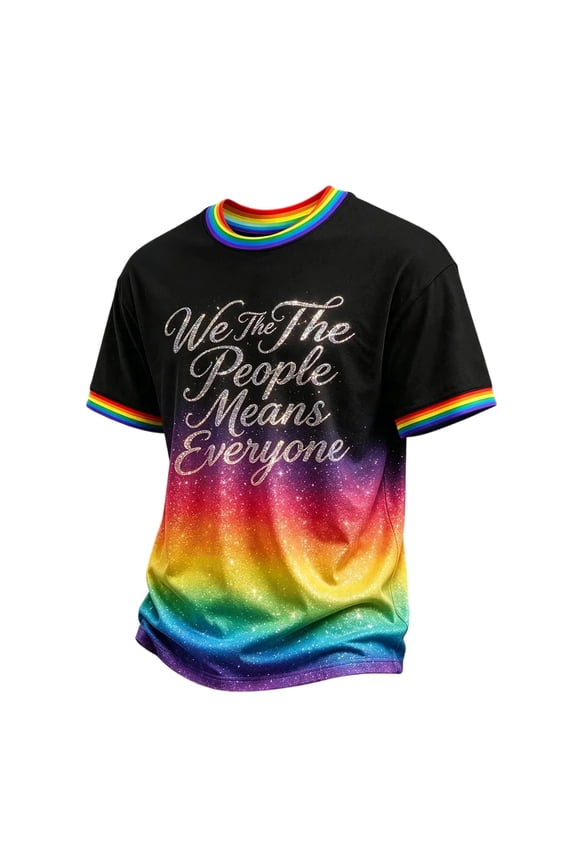 Pride Month Rainbow Gradient T-Shirt for Men Crew Neck Short Sleeve "We The People Means Everyone" Print Casual Tee Black 4XL