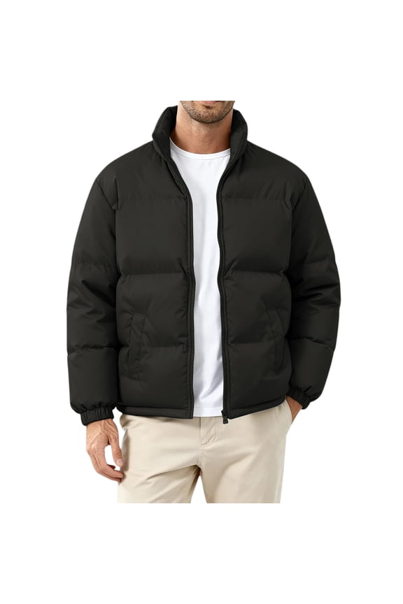 Puffer Jacket Men Quilted Windproof Zip Up Down Coat Fashion Mock Neck Long Sleeve Bubble Coat Black XL