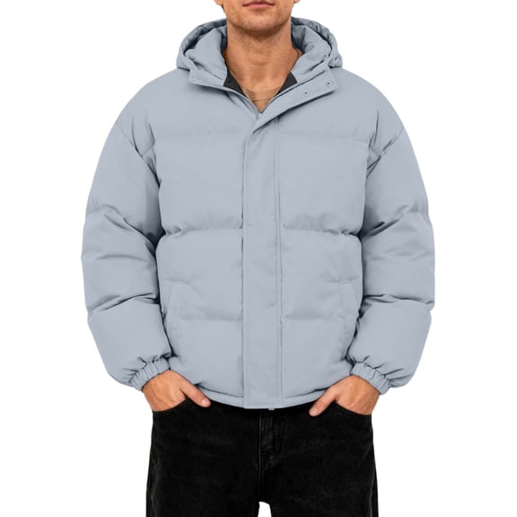 GrmtClth Puffer Jacket Men Thick Thermal Full Zip Winter Jackets Relaxed Fit Hooded Casual Long Sleeve Bubble Coat Light Gray S