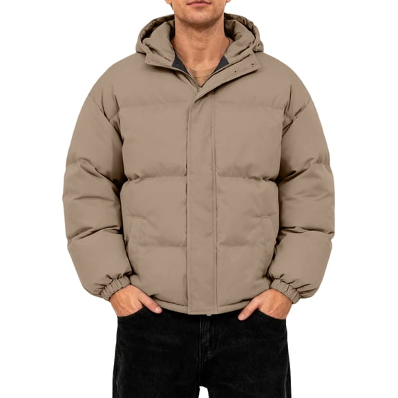 GrmtClth Puffer Jacket Men Thick Warm Full Zip Winter Jackets Soft Comfy Hooded Classic Long Sleeve Quilted Jackets Light Brown 2XL