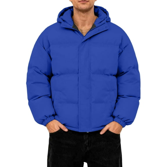 GrmtClth Puffer Jacket Men Thick Warm Zip Up Winter Jackets Cozy Fit Hooded Casual Long Sleeve Bubble Coat Royal Blue L