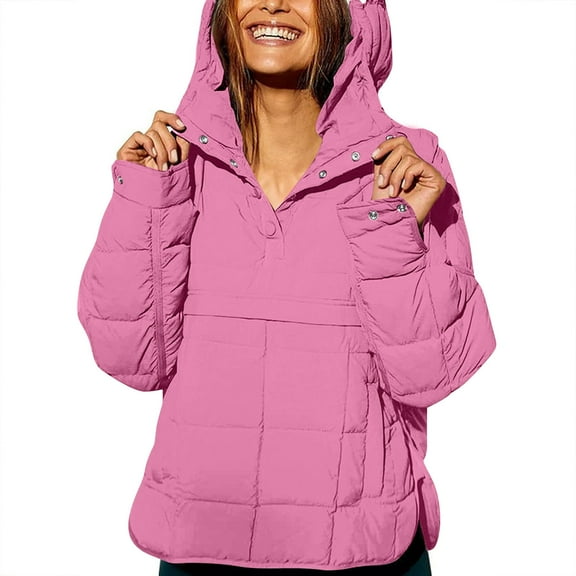 GrmtClth Pullover Jacket for Women Casual Oversized Hooded Quilted Jacket Soft Comfy Long Sleeve Autumn Winter Warm Padded Outerwear with Pockets Pink XL