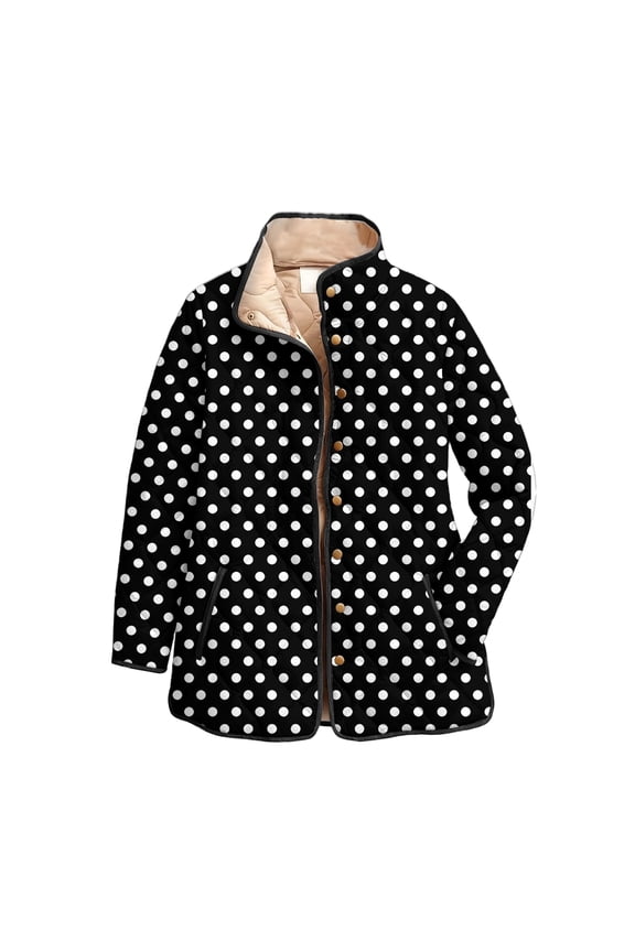 Quilted Jackets for Women Fashion Polka Dot Graphic Button Down Puffer Jackets Coat Lightweight Stand Collar Autumn Winter Padded Outerwear Black XXL