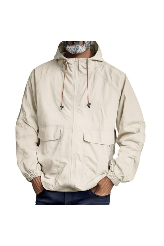 Rain Jacket Men Water-Resistant Lightweight Wind Breakers Fall Hooded Jacket with Pocket Raincoat for Outdoors & Commutes Beige M