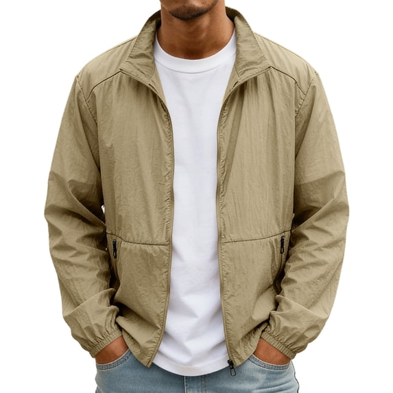 GrmtClth Rash Guard for Men Full Zip Long Sleeve Uv Sun Shirts Zip Up Lightweight Quick Dry Hiking Fishing Athletic Jackets Running Coat with Pockets Khaki S