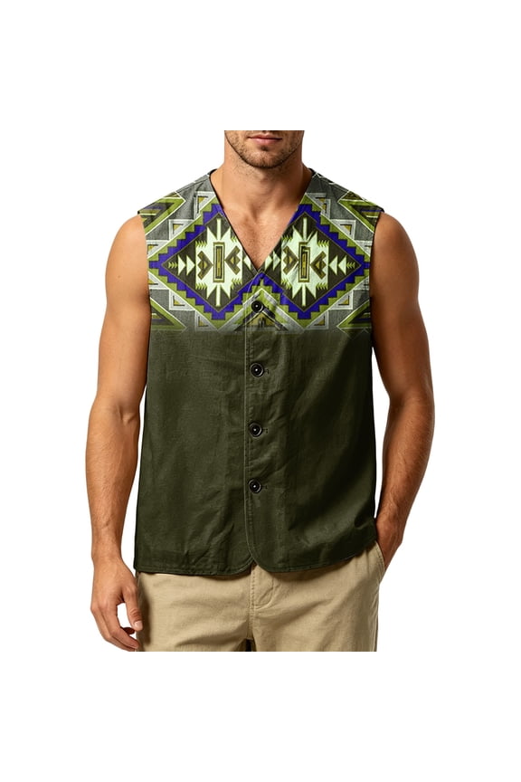 Retro Large Geometric Motif Tribal Aztec Pattern Mens Sleeveless Waistcoat, Lightweight V Neck Button Down Daily Travel Tank Shirt Green S