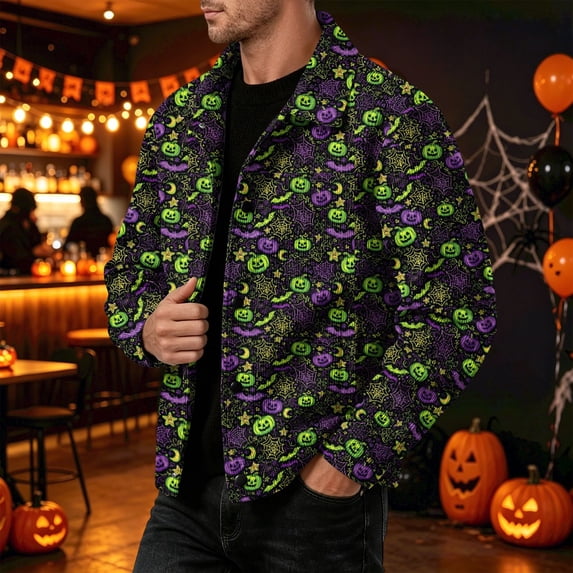 GrmtClth Retro Mens Halloween Jack O Lantern Trucker Jacket Long Sleeve Snap Buttons Relaxed Cut Halloween Travel Outerwear Dark Purple 3XL