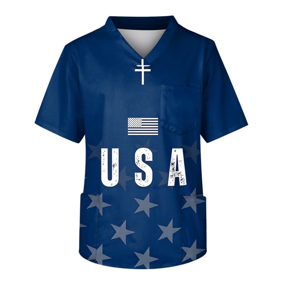 GrmtClth Scrub Tops for Men Independence Day 250 Usa Medical Uniform Breathable with Pockets Short Sleeve Trend Work Shirts Dark Blue L