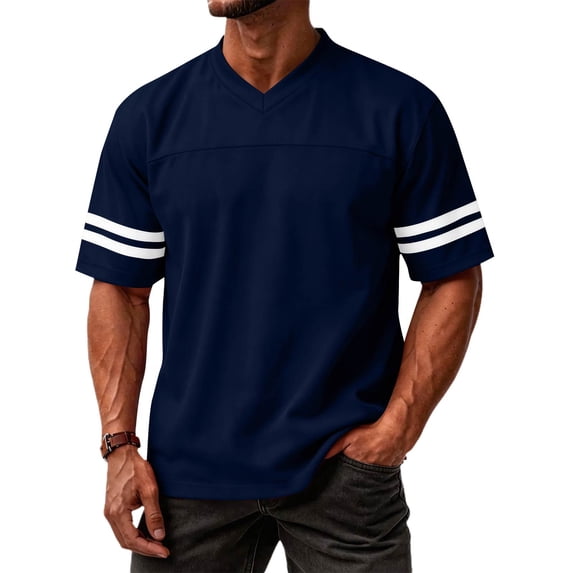 GrmtClth Shirt for Men Breathable Short Sleeve Tops Athletic V-Neck T-Shirts Trend Color-Block Tee Striped Navy 2XL