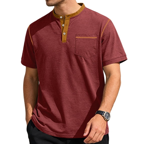 GrmtClth Shirt for Men Casual Henley Button T-Shirts Breathable Short Sleeve Top Work with Pocket Tee Collar Colorblock Wine XL