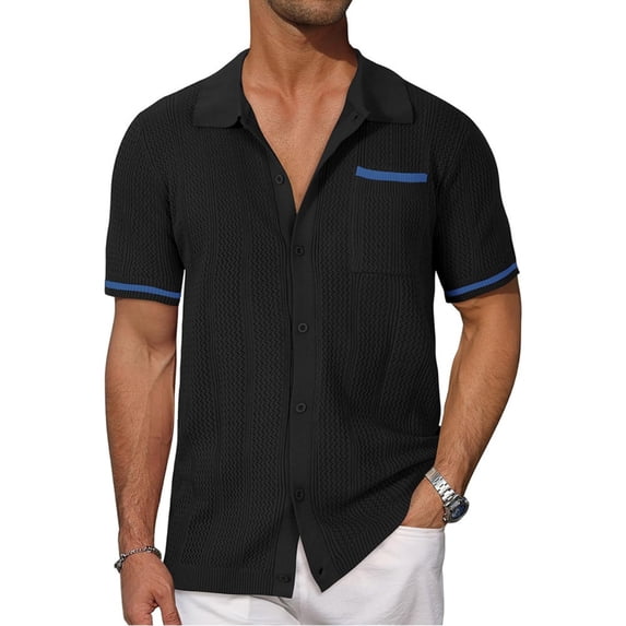GrmtClth Shirt for Men Summer Beach Sheer Mesh Top Fashion Button Down Polo Trendy Collared Outfit Short Sleeve Black L