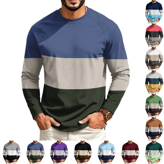 GrmtClth Shirts For Men Wide Stripe Three Color Block Crewneck Long Sleeve Shirts Loose Air Permeable Fabric Workplace Layering Tops Blue 3XL