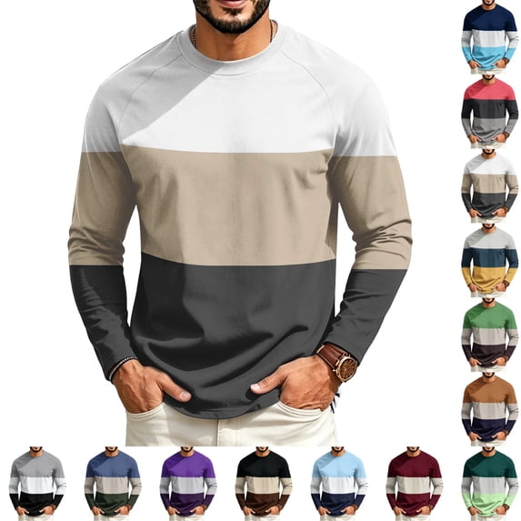 GrmtClth Shirts For Men Wide Stripe Three Color Block Crewneck Long Sleeve Shirts Loose Air Permeable Fabric Workplace Layering Tops Khaki 3XL