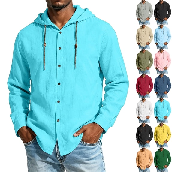 GrmtClth Shirts for Men Casual Button Shirts Summer Cotton Linen Hoodie Beach Long Sleeve Shirts Top with Hood for All Season S