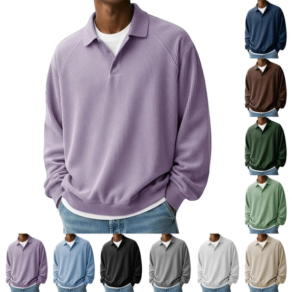 GrmtClth Shirts for Men Collared Pullover Long Sleeve Button Front Solid Polo Sweatshirt Fall Winter Loose Fit All-Match Casual Shirt Purple XL