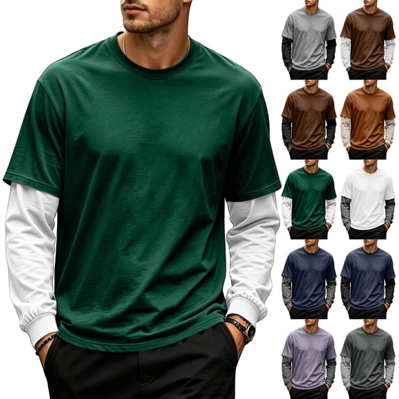 GrmtClth Shirts for Men Fake Two-Piece Layered Lightweight Contrast Long Sleeve Crewneck Weekend Outdoor Pullover Tees Green S