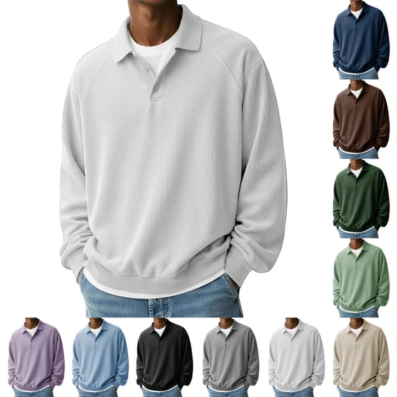 GrmtClth Shirts for Men Long Sleeve Lapel Button Collar Textured Polo Pullover Fall Winter Loose Casual Daily Streetwear Top White M