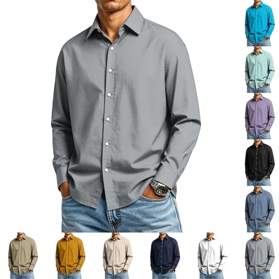 GrmtClth Shirts for Men Regular Fit Long Sleeve Wrinkle Free Solid Collared Button Down Comfort Business Travel Tops Gray XL