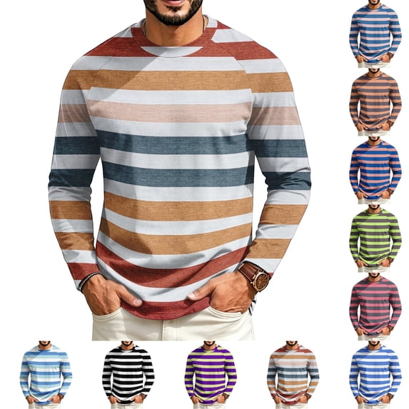 GrmtClth Shirts for Men Relaxed Fit Striped Raglan Long Sleeve Crew Neck Pullover Multi Color Spring Fall Weekend Street Tops Orange XL