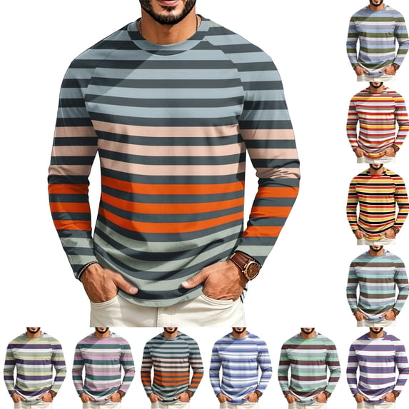 GrmtClth Shirts for Men Retro Multi Color Stripe Raglan Sleeve Long Sleeve Crew Neck Lightweight Street Casual Pullover Tees Dark Gray 2XL